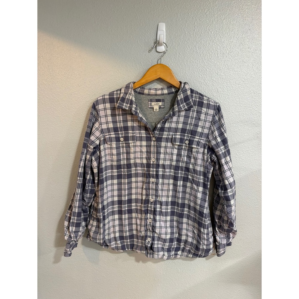 L.L.Bean Flannel Shirt Women Large Blue White Plaid Knit Lined Long Sleeve Cozy